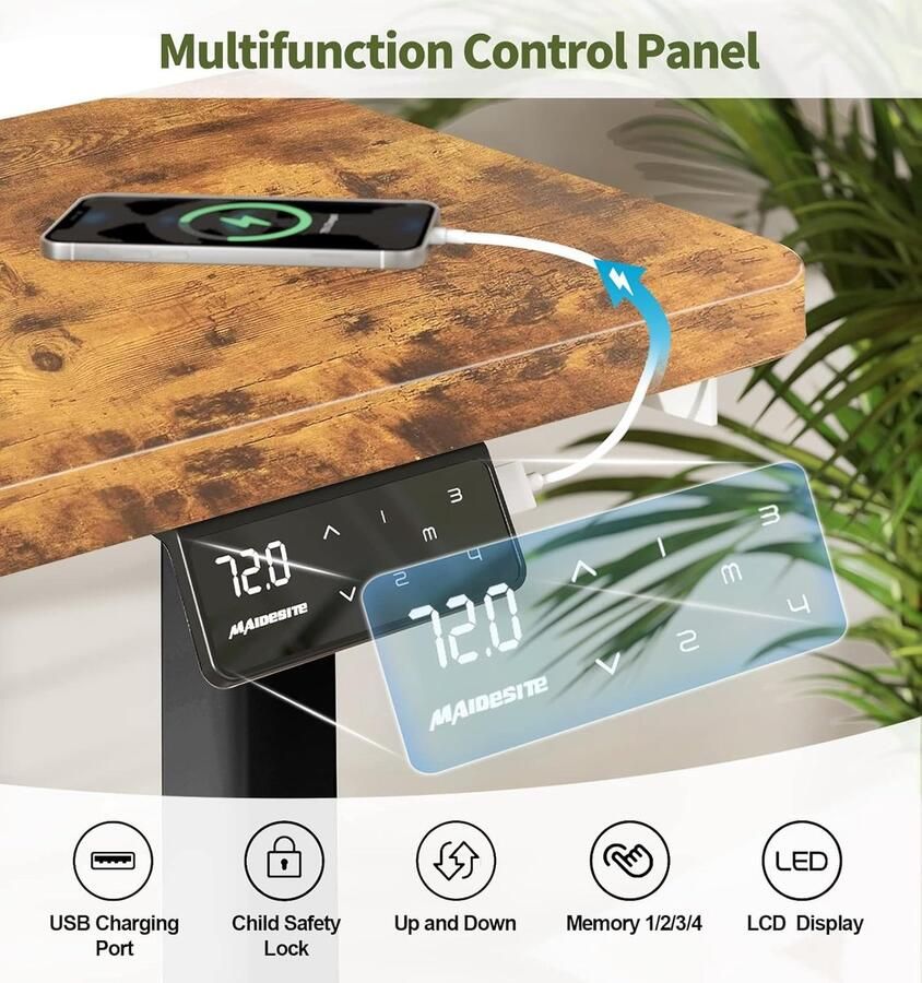 Industrialhome Elektrisch In Hoogte Verstelbaar Bureau 160x80 cm Zit-Sta Bureau met 4 LED Geheugenbediening Ergonomisch & Stabiel Zwart Frame met Vintage Bruin Tafelblad