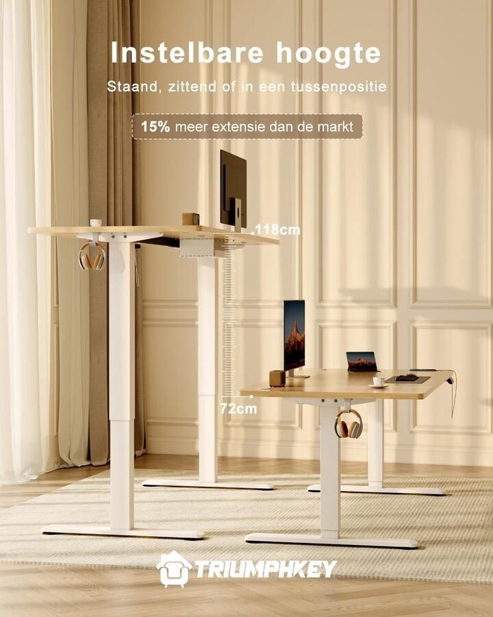 Industrialhome Elektrisch In Hoogte Verstelbaar Bureau 200x80 cm – Extra Groot Zit-Sta Bureau met USB-Oplaadpoort Geheugenfunctie Kabelbeheer & Anti-Botsingssysteem – Ergonomisch Sta Bureau voor Thuis en Kantoor – Beige & Wit