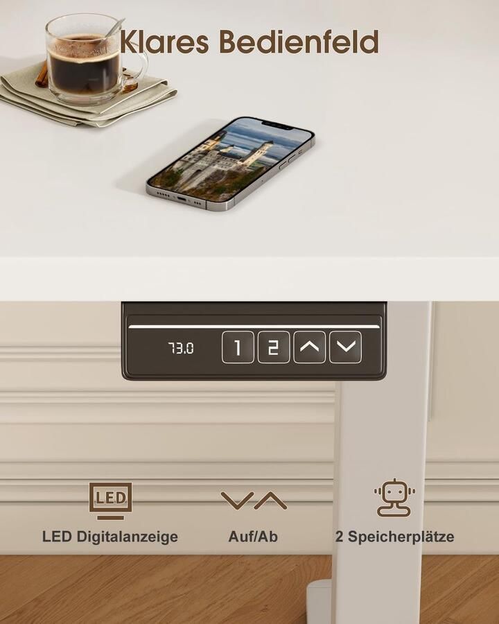 Industrialhome Elektrisch In Hoogte Verstelbaar Zit-Sta Bureau 180x80 cm – Modern Wit Bureau met Houten Blad Monitorstandaard & 2 Geheugenhoogtes Wit