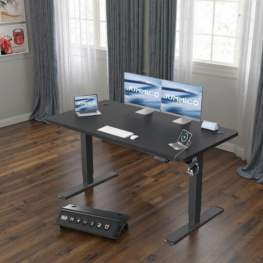 Industrialhome Elektrisch Verstelbaar Zit-Sta Bureau 140x60 cm – Ergonomisch Staand Bureau met USB Oplader Geheugenfunctie & Anti-Botsing – Moderne Hoogte Verstelbare Computer Tafel – Zwart – Kantoor & Gaming Bureau