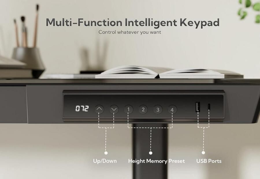Industrialhome Elektrisch Verstelbaar Zit-Sta Bureau 140x60 cm – Zwart – Glazen Werkblad – Ergonomisch Staand Bureau met USB & Type-C Geheugenfunctie Lade & Botsingsbeveiliging