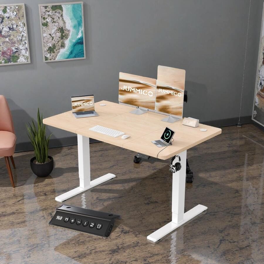 Industrialhome PowerLift™ Elektrisch Zit-Sta Bureau – 120x60 cm – Ergonomisch Hoogte Verstelbaar Bureau – Sta Bureau met USB Oplaadpoort – Stil & Modern – Beige – Voor Thuis & Kantoor