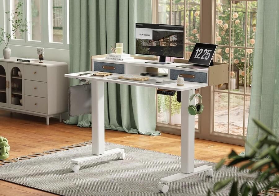 Industrialhome Elektrisch Zit-Sta Bureau 120x60 cm – In Hoogte Verstelbaar Staand Bureau met 2 Laden & Opbergplank – Ergonomische Computertafel met Geheugenfunctie Anti-Botsing en Stabiel Frame – Modern Thuiswerk Bureau – Wit