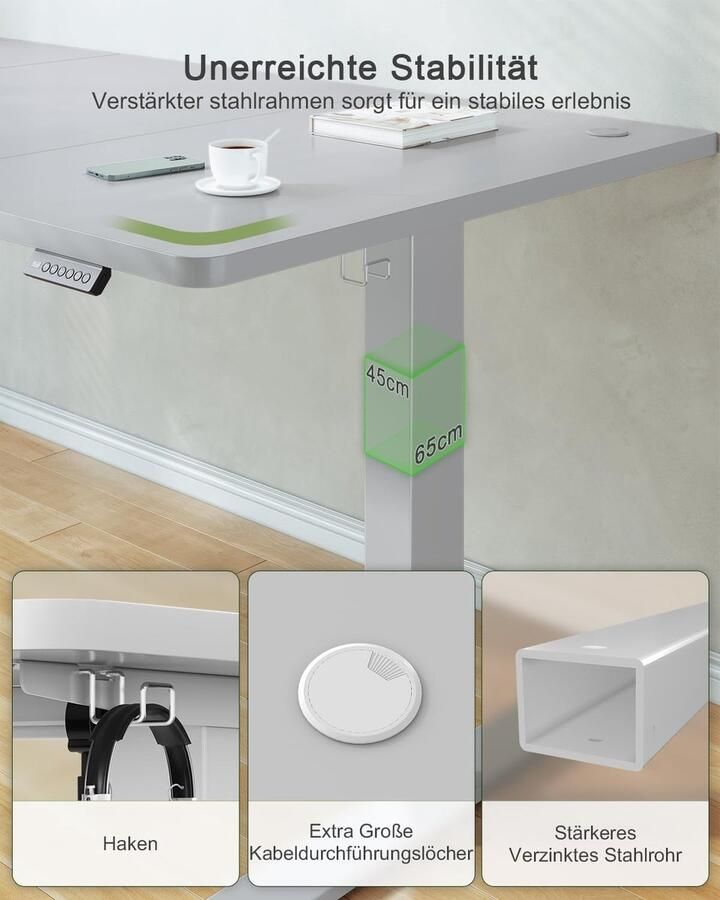 Industrialhome Elektrisch Zit-Sta Bureau 120x60 cm – In Hoogte Verstelbaar – Staand Bureau met USB Oplaadpoort & Geheugenfunctie – Ergonomische Computertafel – Kantoor & Gaming – Grijs