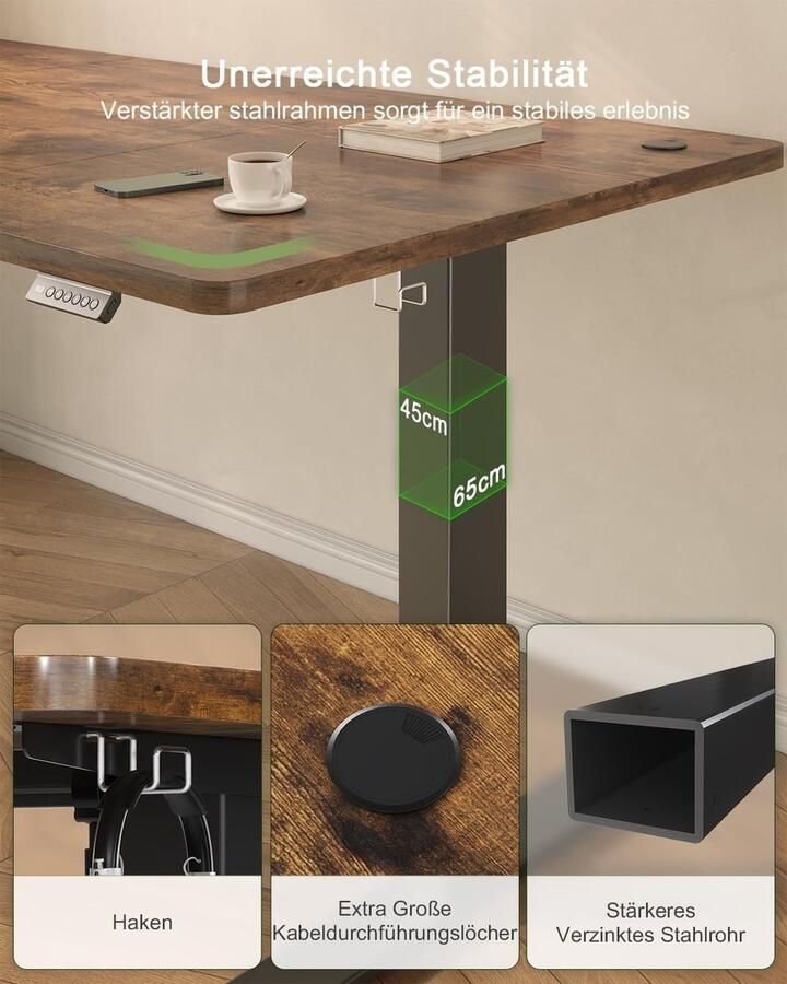 Industrialhome Elektrisch Zit-Sta Bureau 140x60 cm – Verstelbaar Ergonomisch Bureau met USB – Stil Stabiel & Modern Sta Bureau – Bruin - Foto 2