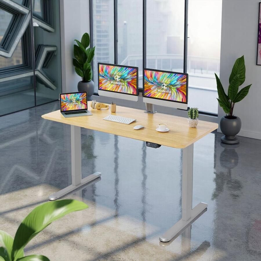 Industrialhome Elektrisch Zit-Sta Bureau 140x70 cm In Hoogte Verstelbaar Sta Bureau Met Geheugenfunctie Grijs Frame + Eiwit Tafelblad