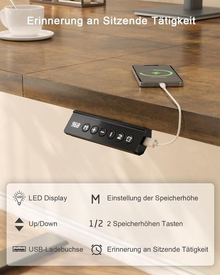 Industrialhome XXL Zit-Sta Bureau 180x80 cm – Elektrisch Verstelbaar – Met USB-oplaadpoort – Ergonomisch Thuiswerk & Gamebureau – Bruin