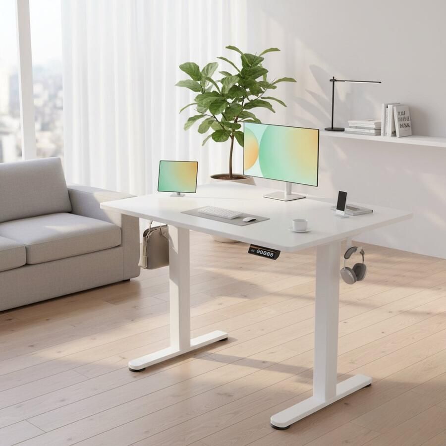 Industrialhome Elektrisch Zit-Sta Bureau – Compact Computer Bureau 100x60 cm – Verstelbare PC Werktafel met Geheugenfunctie – Modern Kantoor Tafel Wit –
