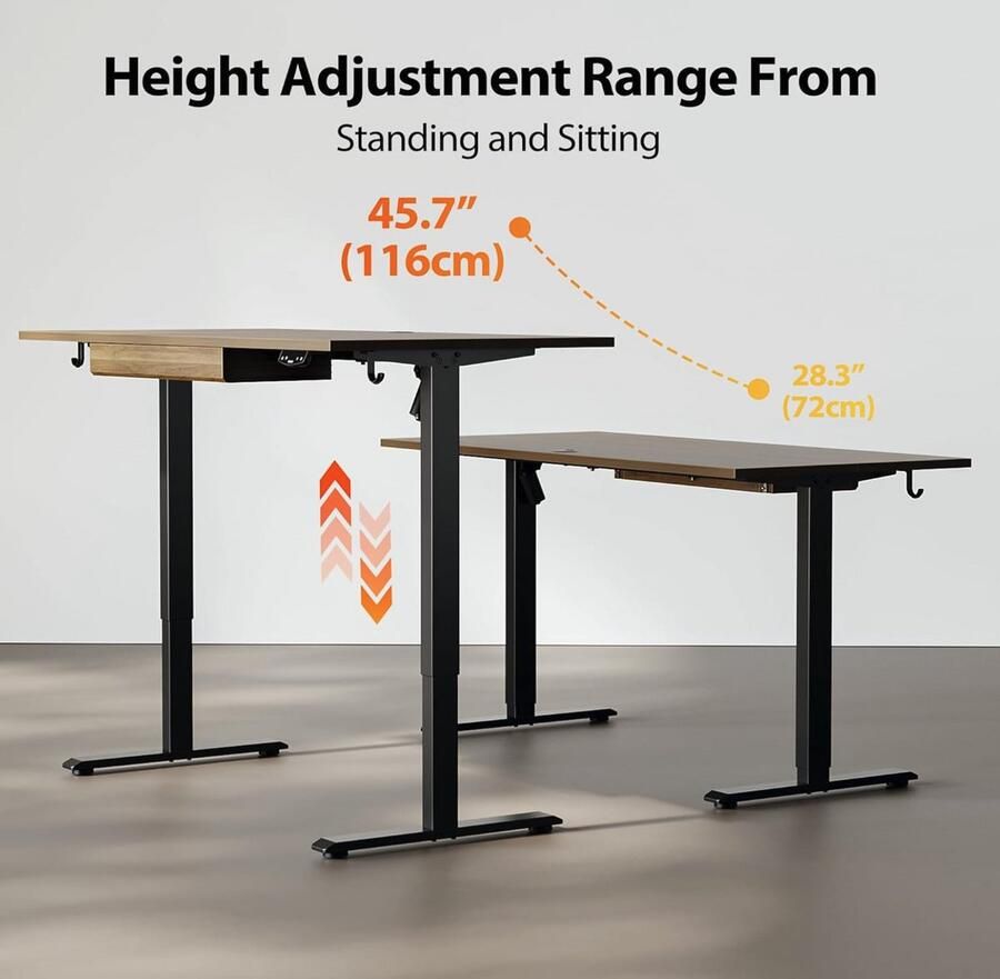 Industrialhome Elektrisch Zit-Sta Bureau – In Hoogte Verstelbaar Bureau met Geheugenfunctie Geïntegreerde Lade Anti-Botsingssensor & Kabelbeheer – Ergonomisch Staand Bureau 120x60 cm – Industrieel Stalen Frame – Waterdicht Houten Blad – Bruin – Voor Thuiswerken o
