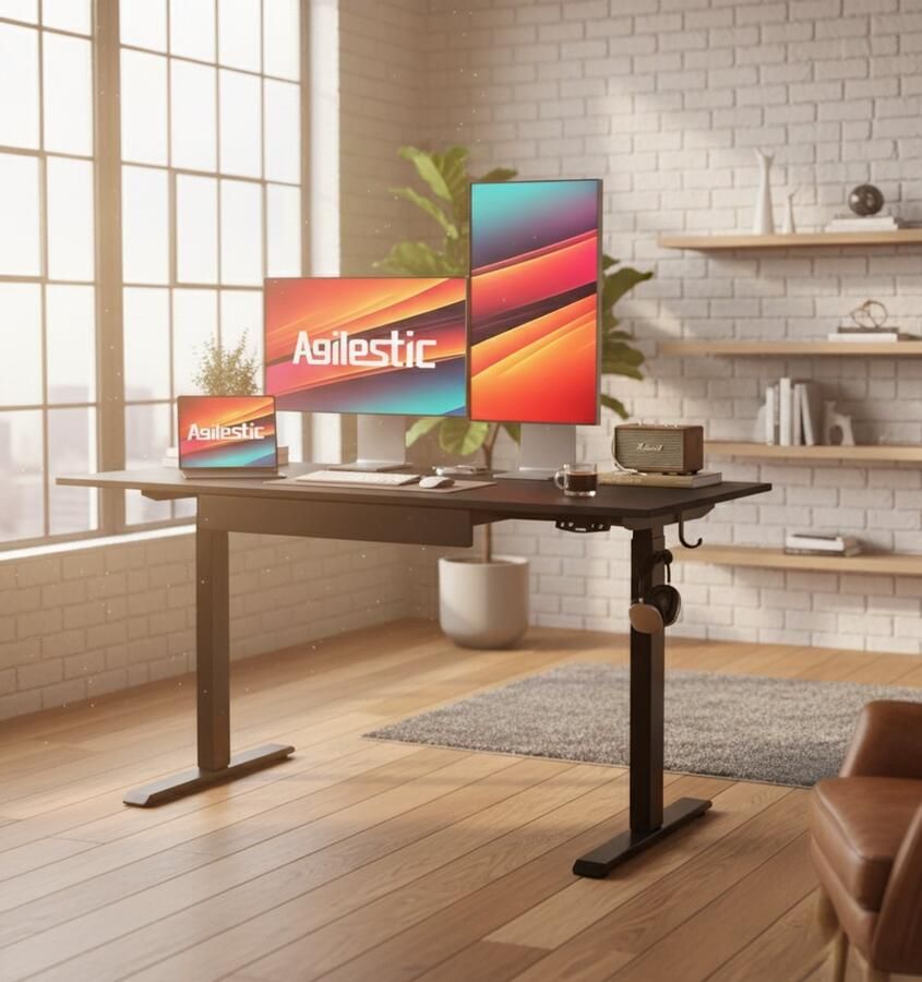 Industrialhome Elektrisch Zit-Sta Bureau – Verstelbare Computertafel 120x60 cm met Geïntegreerde Lade – Ergonomische PC Werkplek Zwart –