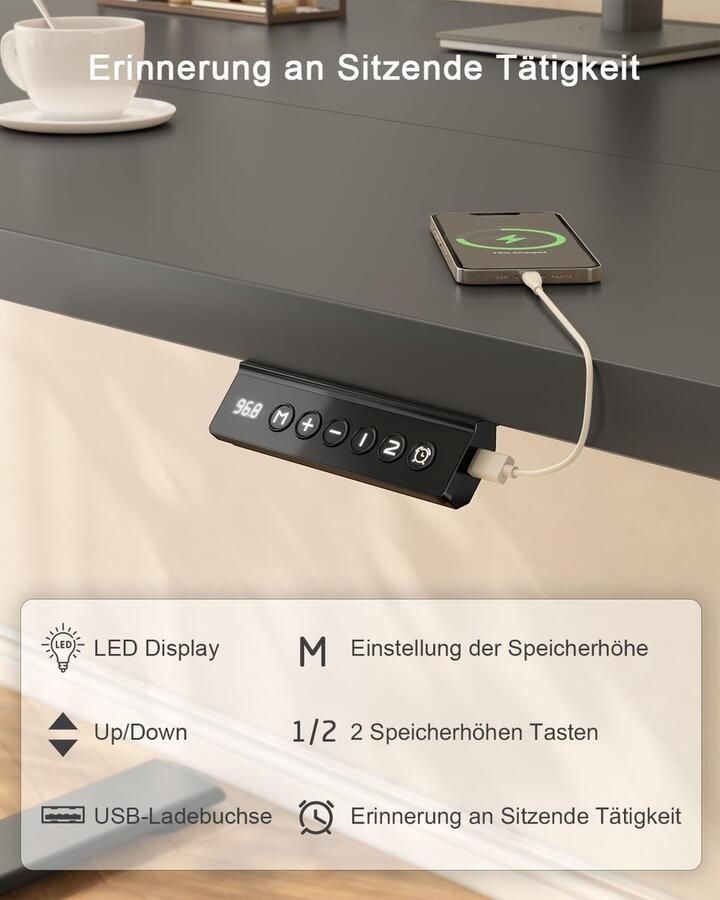 Industrialhome Elektrisch Zit-Sta Bureau Zwart – 100x60 cm – In Hoogte Verstelbaar – Ergonomisch Bureau met USB Oplaadpoort – Staand Kantoorbureau – Verstelbare Computertafel - Foto 2