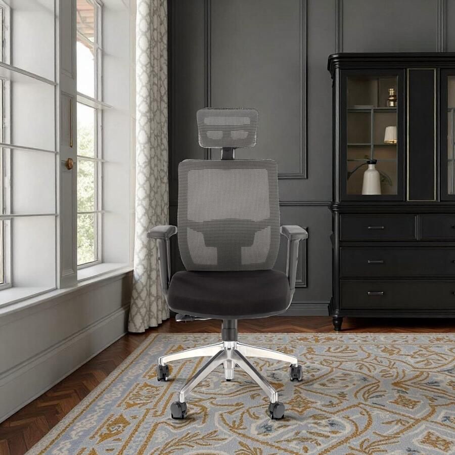 Industrialhome ErgoComfort Pro Bureaustoel – Grijs & Zwart – Ergonomische Verstelbare Bureaustoel met Stalen Onderstel – Ademend Mesh & Stoffen Zitting – 60 x 64 x 120-130 cm