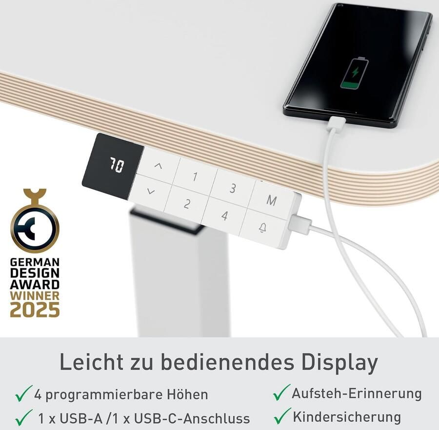Industrialhome ErgoLift Compact Elektrisch Zit-Sta Bureau – 80x60 cm – In Hoogte Verstelbaar 65-130 cm – Met Geheugenfunctie & USB-poorten – Wit – Ergonomisch Sta Bureau – 80 kg draagvermogen – Stil