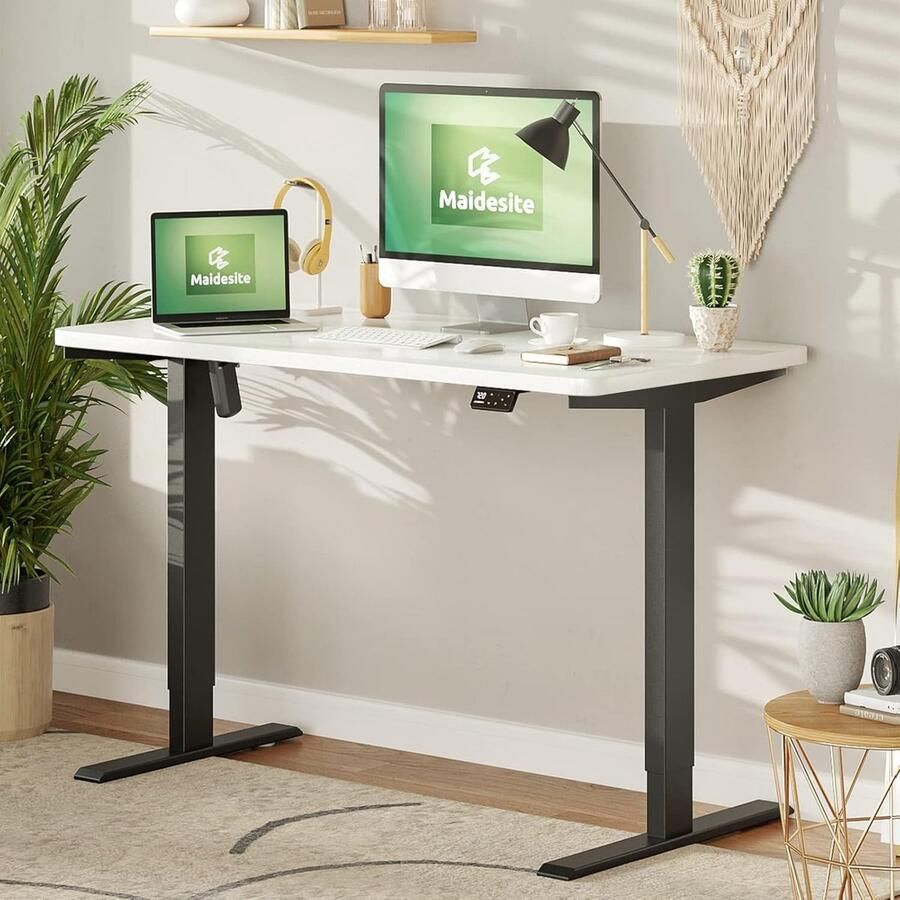 Industrialhome Ergonomisch Zit-Sta Bureau Elektrisch 160x80 cm – In Hoogte Verstelbaar Bureau met Geheugenfunctie USB Anti-Botsing – Modern Staand Bureau Zwart Frame met Wit Tafelblad