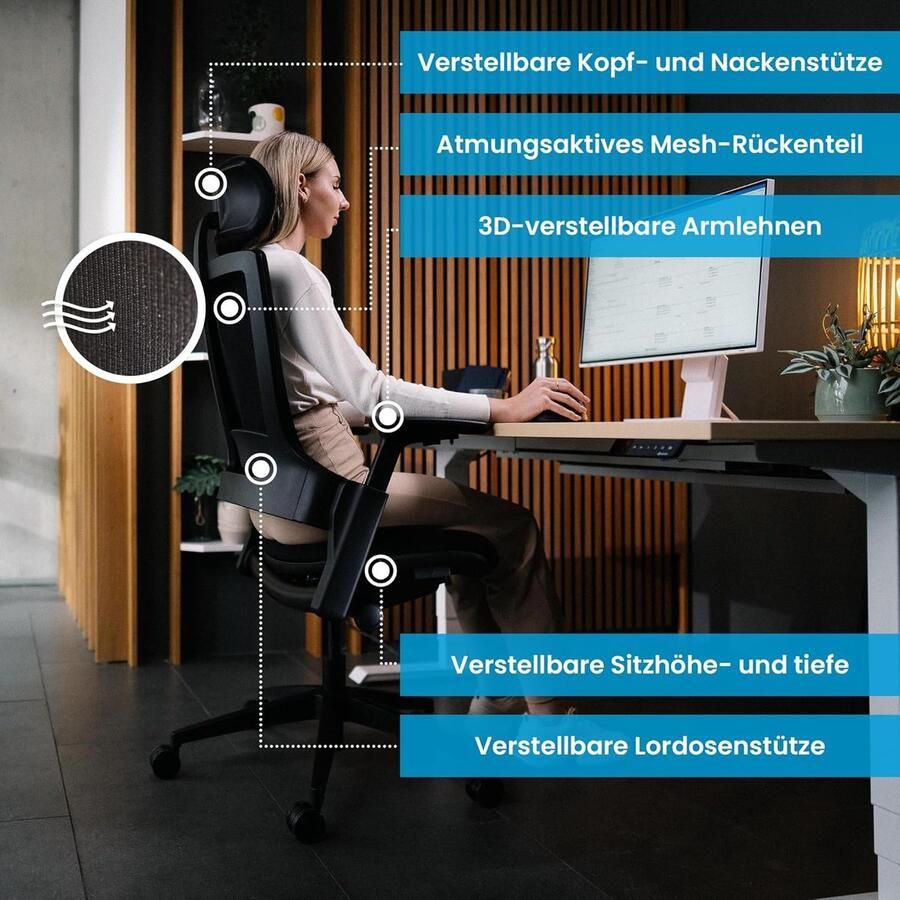 Industrialhome Ergonomische Bureaustoel 45x48x131 cm – NextGen Pro – Premium Stoel tegen Rugpijn met Hoofdsteun Lendensteun & 3D Armleuningen – Synchroonmechanisme Verstelbare Hoogte & Zitdiepte – Zwart