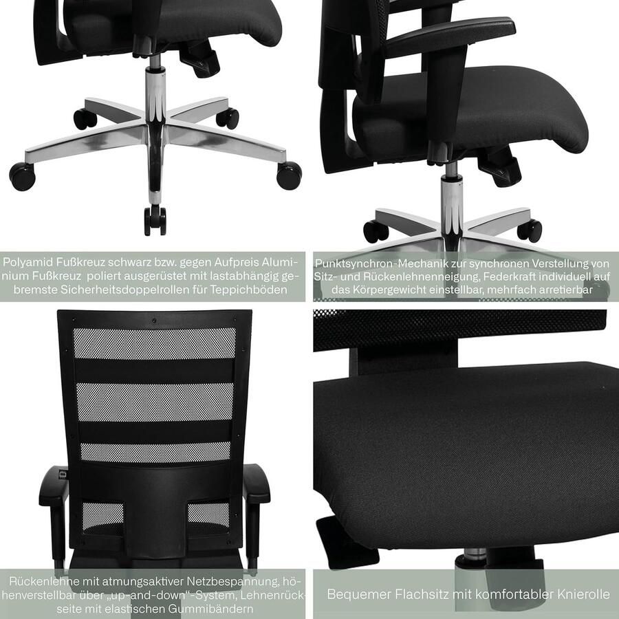 Industrialhome Ergonomische Bureaustoel 48x48x116 cm – X-Pander Pro Office Chair – In Hoogte Verstelbare Armleuningen Ademend Mesh Rugleuning Synchroonmechanisme Comfortabele Bekkenondersteuning Aluminium Frame – Zwart bulaow