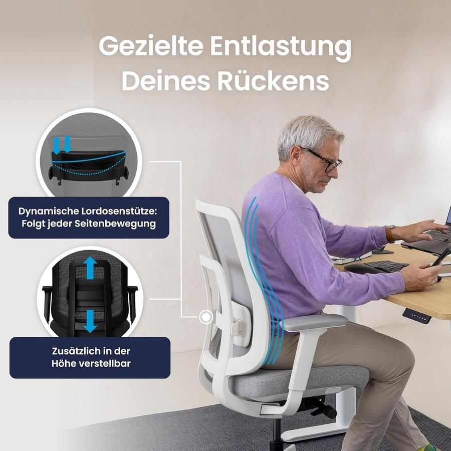 Industrialhome Ergonomische Bureaustoel 55x71x112 cm – PureComfort Pro – Luxe Mesh Bureaustoel met 4D Armleuningen Verstelbare Lendensteun & Synchroonmechanisme – Comfortabele Gaming & Kantoorstoel – Grijs