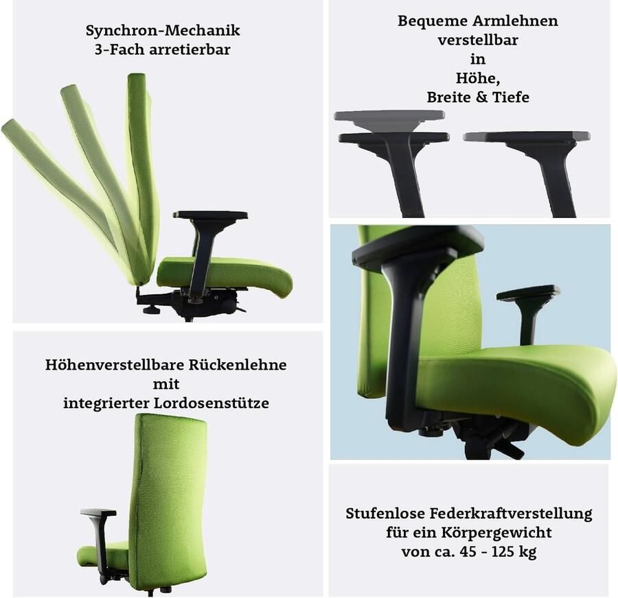 Industrialhome Ergonomische Bureaustoel 69x69x117 cm – GreenStrike Comfort 4D – Luxe Verstelbare Bureaustoel met Lendensteun & Synchroonmechanisme – Aluminium Frame Testwinnaar Design Groen