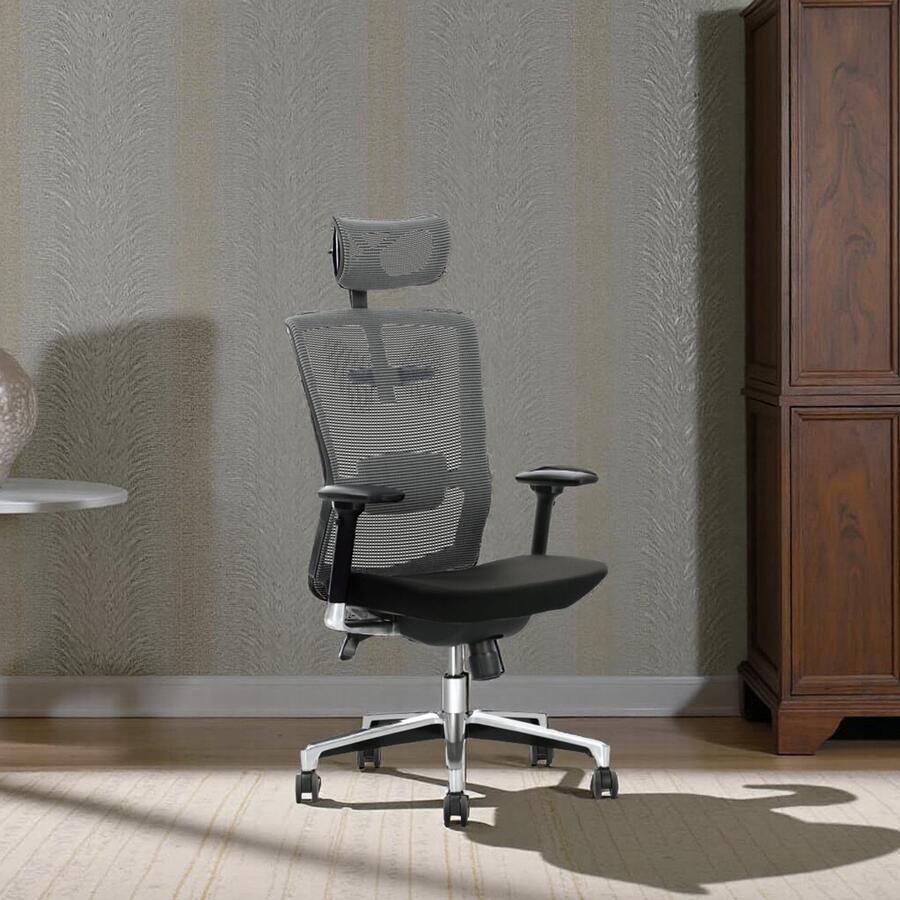 Industrialhome Ergonomische Bureaustoel Grijs-Zwart – Verstelbaar – Ademend Gaas & Stof – Modern Design – Zilver Stalen Onderstel – 63x64x120-130 cm