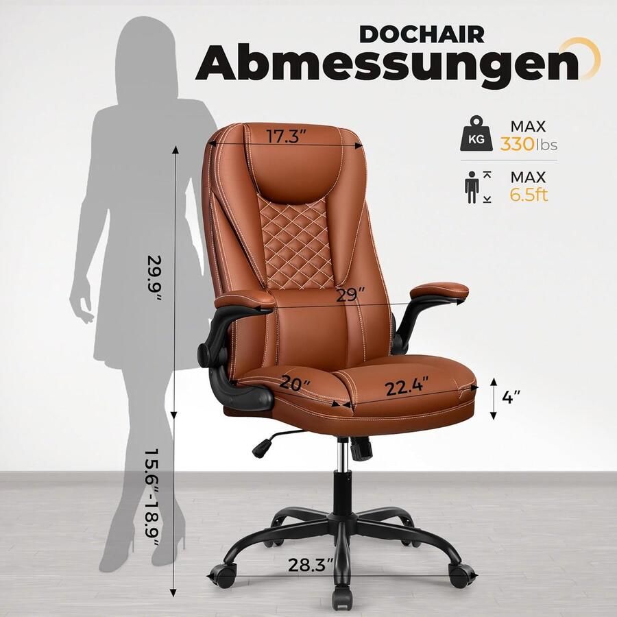 Industrialhome Ergonomische Bureaustoel Leer – 135° Kantelbaar Verstelbare Rug & Armleuningen Voetsteun – Comfortabele Directiestoel – Bruin