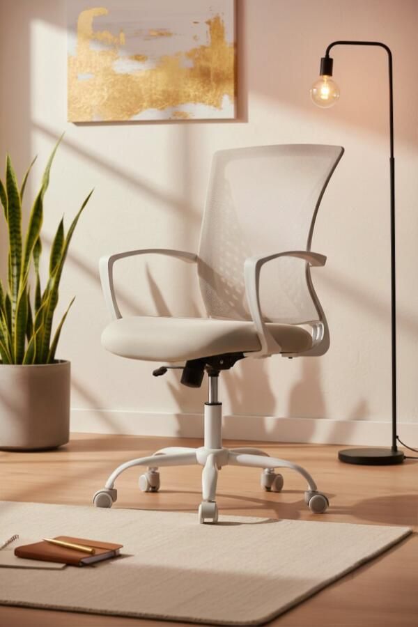 Industrialhome Ergonomische Bureaustoel – Luxe Comfortabele Kantoorstoel met Hoge Mesh Rugleuning – Verstelbare Armleuningen & Zithoogte – Ademend Netstof – Professionele Werkstoel voor Thuis & Kantoor – Cappuccino Beige –