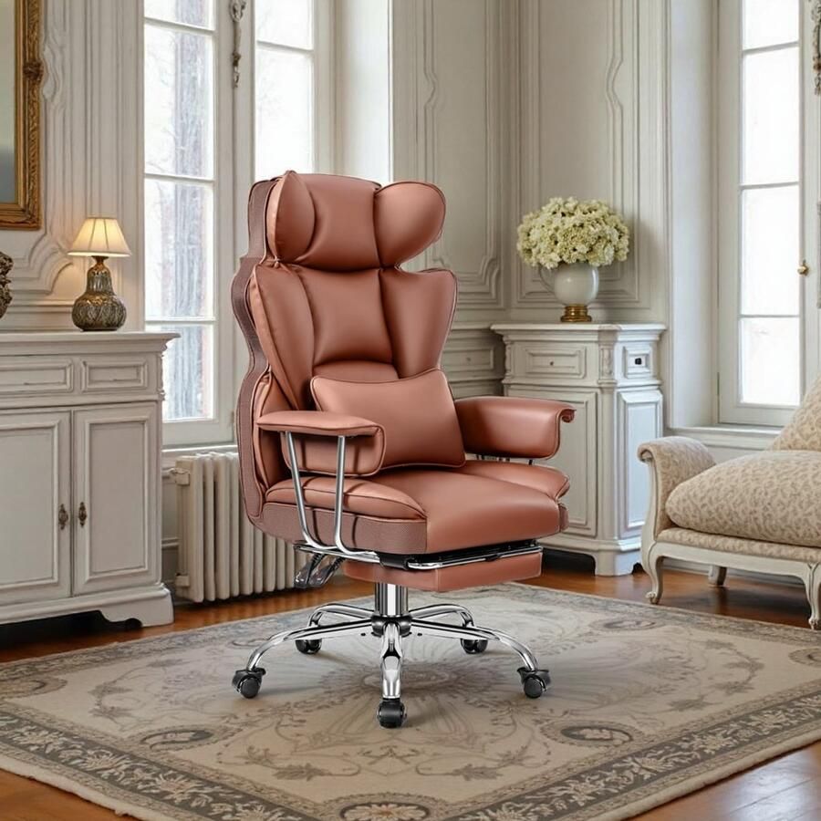 Industrialhome Ergonomische Bureaustoel van Kunstleer – Luxe Kantoorstoel met Verstelbare Hoofdsteun Lendensteun Armleuningen Voetsteun Rugleuning (90°-135°) Zwenkwielen In Hoogte Verstelbaar – Belastbaar tot 200 kg – Comfortabele Gaming- & Werkstoel – Bruin