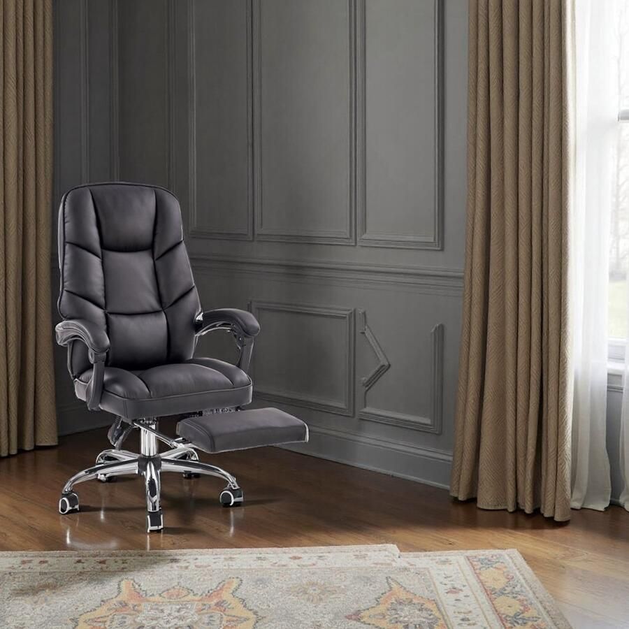 Industrialhome Ergonomische Bureaustoel Zwart – Luxe Design – Verstelbare Rugleuning – Eco-leer – Zilver Stalen Onderstel – 70x66x118-128 cm