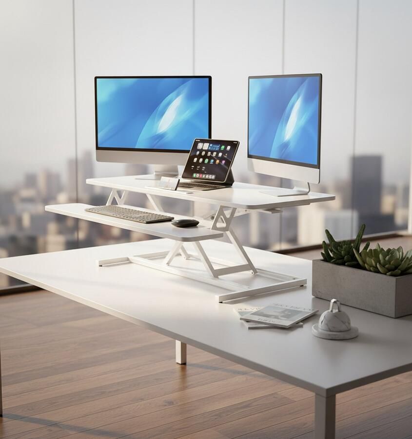 Industrialhome Ergonomische Zit-Sta Bureau Verhoger – Verstelbare Desk Converter met Gasveer – Ruimte voor Dubbele Monitor & Toetsenbord Lade – Wit Zwart –