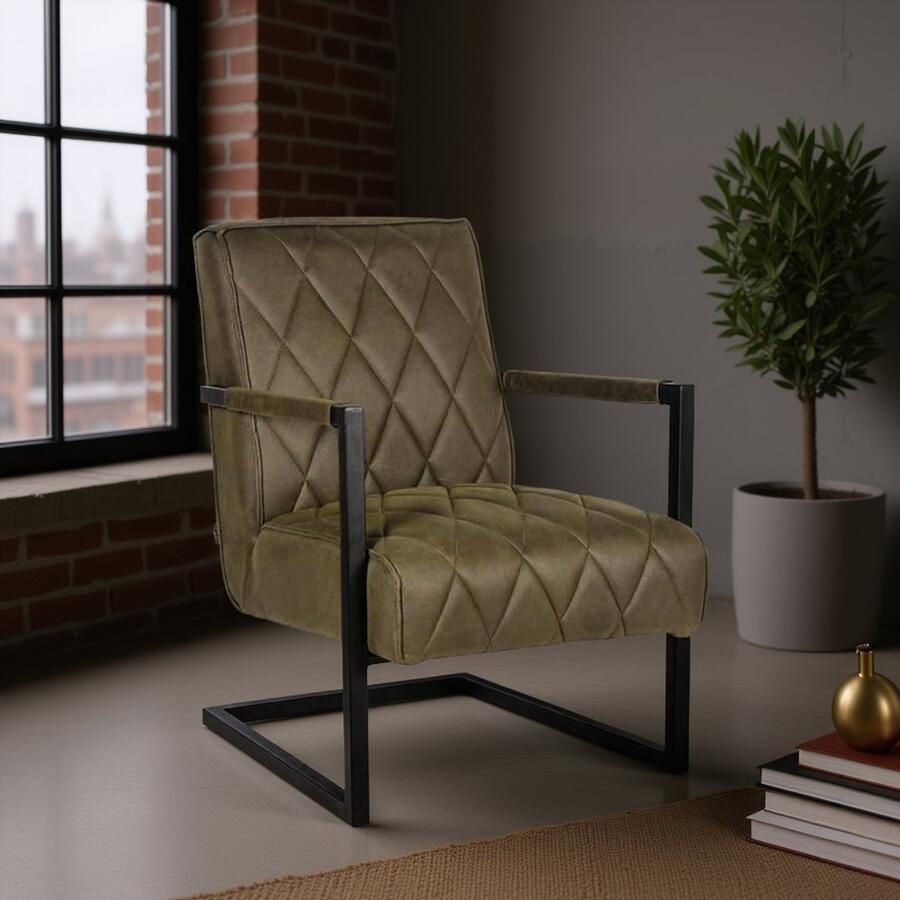 Industrialhome Fauteuil Oslo – 62x80x86 cm – Army Green Microvezel – Zwart Metalen Frame – Industriële Lounge Stoel met Armleuningen – Comfortabele Relaxstoel