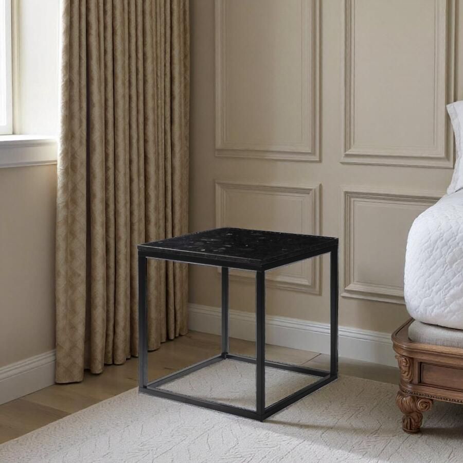 Industrialhome Felleris Luxe Vierkante Bijzettafel – Marmer Blauw & Zwart – Robuust Metaal Onderstel – Moderne Sfeervolle Bijzettafel 50x50x53 cm