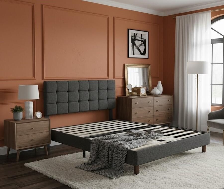 Industrialhome G Gestoffeerd Tweepersoonsbed 140x200 cm – Modern Stabiel Bedframe met In Hoogte Verstelbaar Hoofdeinde – Donkergrijs Stoffen Bed met Lattenbodem – Comfortabel & Duurzaam Jeugdbed