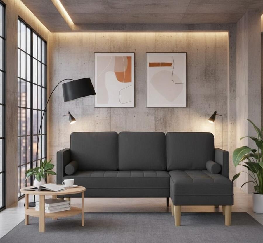 Industrialhome Hoekbank donkergrijs stof 3-zits L-vorm – Verona Luxe Loungebank – Moderne stoffen bank met afneembare kussens & beukenhouten frame – Comfortabele designbank voor woonkamer