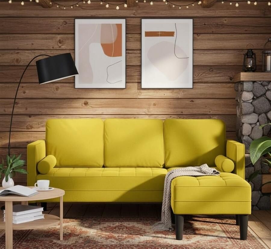 Industrialhome Hoekbank Geel “LumiLuxe” – Moderne L-vormige 3-Zits Loungebank met Afneembare Hoezen Zachte Kussens & Houten Poten – Comfortabele Designbank voor Woonkamer – 173x131x67 cm