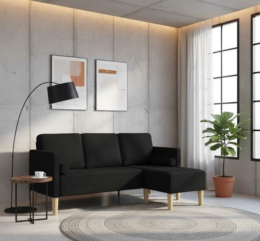 Industrialhome Hoekbank L-vorm Zwart – Modern Design 3-zits Bank voor Woonkamer – Comfortabele Zitplaatsen – Duurzaam Beukenhouten Frame – Onderhoudsvriendelijke Stof – Luxe Loungebank