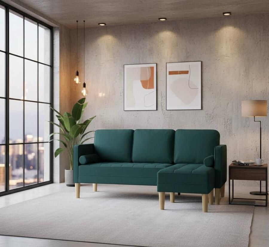 Industrialhome Hoekbank L-vormig Groen – Milano 3-Zitsbank met Beukenhouten Frame en Zachte Stoffering – Moderne Comfortabele Woonkamerbank met Kussens – Scandinavisch Design Ruimtebesparend en Duurzaam