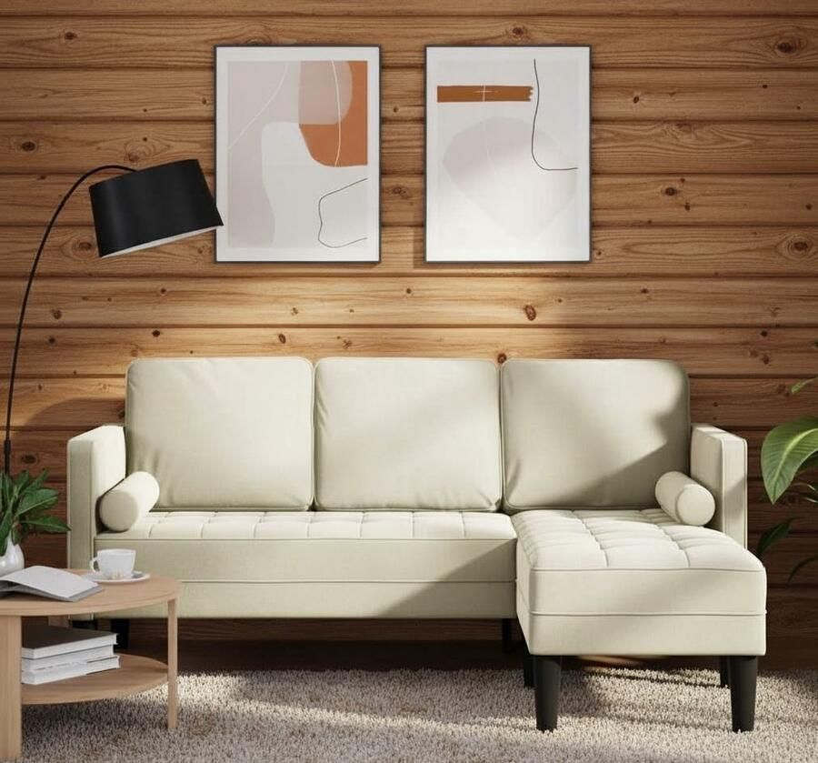 Industrialhome Hoekbank met Chaise Crème – Luxe Fluwelen 4-zits Bank met Waterdichte Kussens Weerbestendig & Comfortabel – Moderne Binnen- en Buitenbank 173x131x67 cm – Stijlvolle Loungehoek voor Woonkamer & Terras