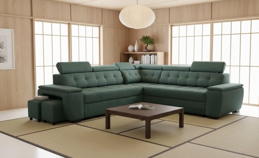 Industrialhome Hoekbank met Slaapfunctie 180x277x100 cm – L-vormige Vrijstaande Bank met Bedlinnenlade Twee Poefs Verstelbare Hoofdborden Gestoffeerd Donkergroen Bankstel