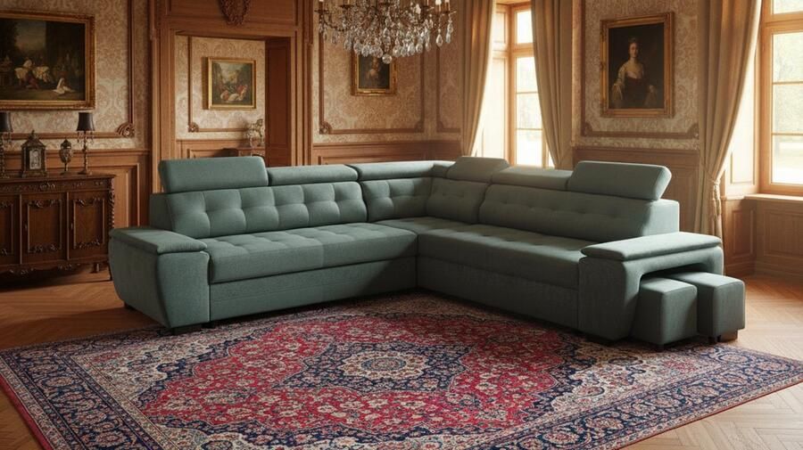 Industrialhome Hoekbank met Slaapfunctie 180x277x100 cm – L-vormige Vrijstaande Bank met Bedlinnenlade Twee Poefs Verstelbare Hoofdborden Gestoffeerd Bankstel Donkergroen