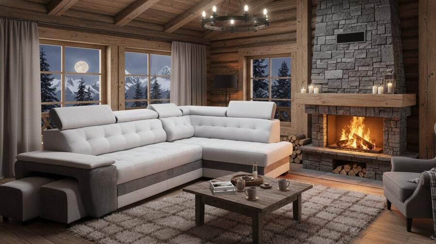 Industrialhome Hoekbank met Slaapfunctie 277x180x100 cm – Grand Deluxe – L-vormige Bank met Opbergruimte 2 Poefs & Verstelbare Hoofdborden – Zilver Antraciet – Moderne Stoffen Sofa Bed