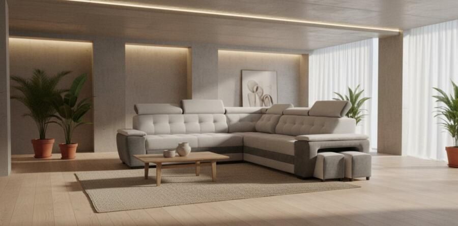 Industrialhome Hoekbank met Slaapfunctie 277x180x100 cm – Grand Deluxe L-vormige Bank – Zilver Antraciet – Luxe Gestoffeerde Slaapbank met Bedlinnenlade 2 Poefs & Verstelbare Hoofdborden – Modern Design