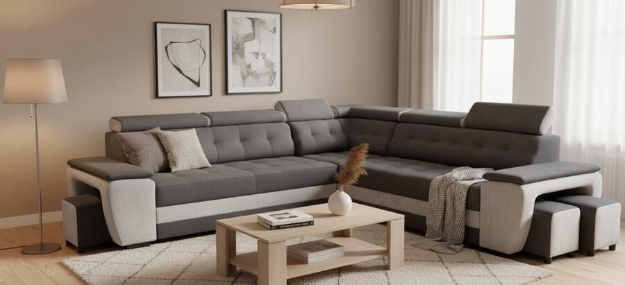 Industrialhome Hoekbank met slaapfunctie 277x180x100 cm – Grand Deluxe L-vormige Sofa Bed met opbergruimte 2 poefs en verstelbare hoofdsteunen – Zwart Zilver – Luxe moderne stoffen bankstel