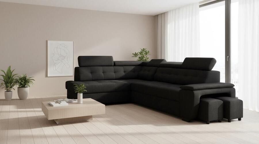 Industrialhome Hoekbank met Slaapfunctie 277x180x100 cm – Grand Luxe L-vormige Slaapbank met Opbergruimte 2 Poefs & Verstelbare Hoofdborden – Zwart – Moderne Stoffen Hoekbank met Bedfunctie