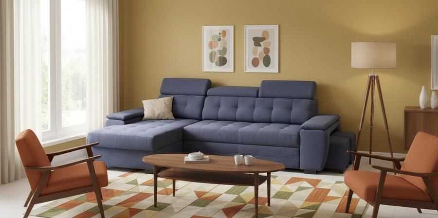 Industrialhome Hoekbank met Slaapfunctie 277x180x100 cm Rechts – Grand Deluxe – L-vormige Vrijstaande Slaapbank met Opbergruimte 2 Poefs & Verstelbare Hoofdborden – Marineblauw – Moderne Stoffen Bank