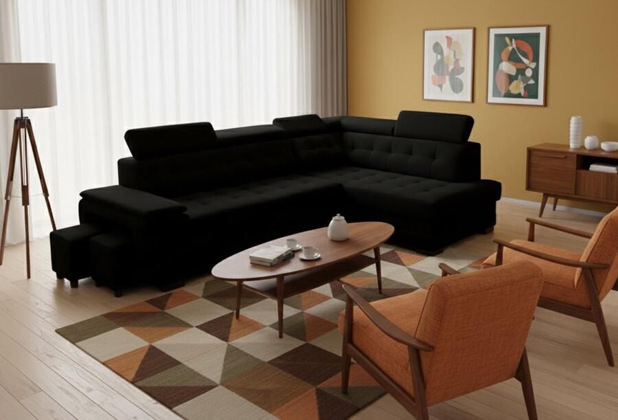 Industrialhome Hoekbank met Slaapfunctie Grand Deluxe – L-vormige Sofa met Opbergruimte 2 Poefs & Verstelbare Hoofdborden – Modern Gestoffeerd Bankstel – 277x180x100 cm – Zwart