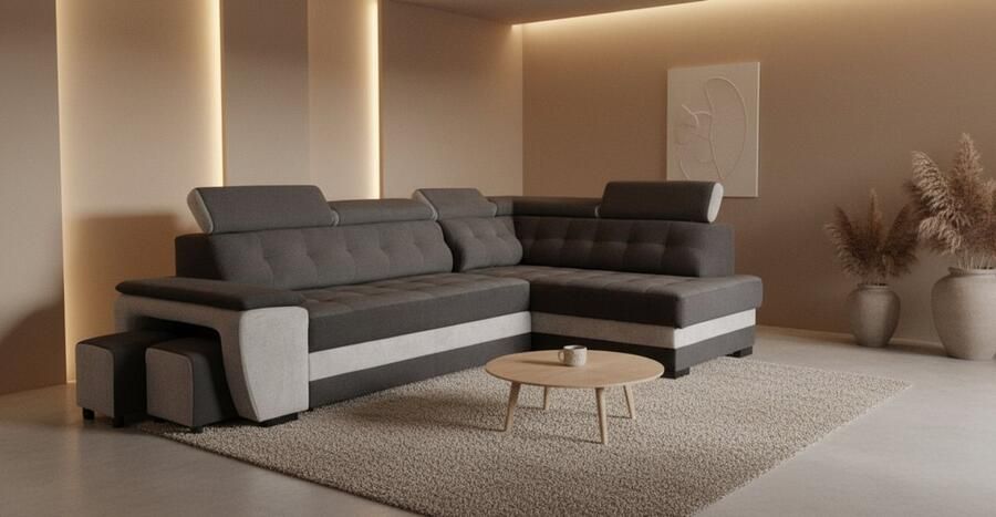 Industrialhome Hoekbank met slaapfunctie Grand Luxe – L-vormige vrijstaande bankbed met bedlinnenlade en 2 poefs – Verstelbare hoofdborden gestoffeerd modern – Zwart Zilver – 180 x 277 x 100 cm