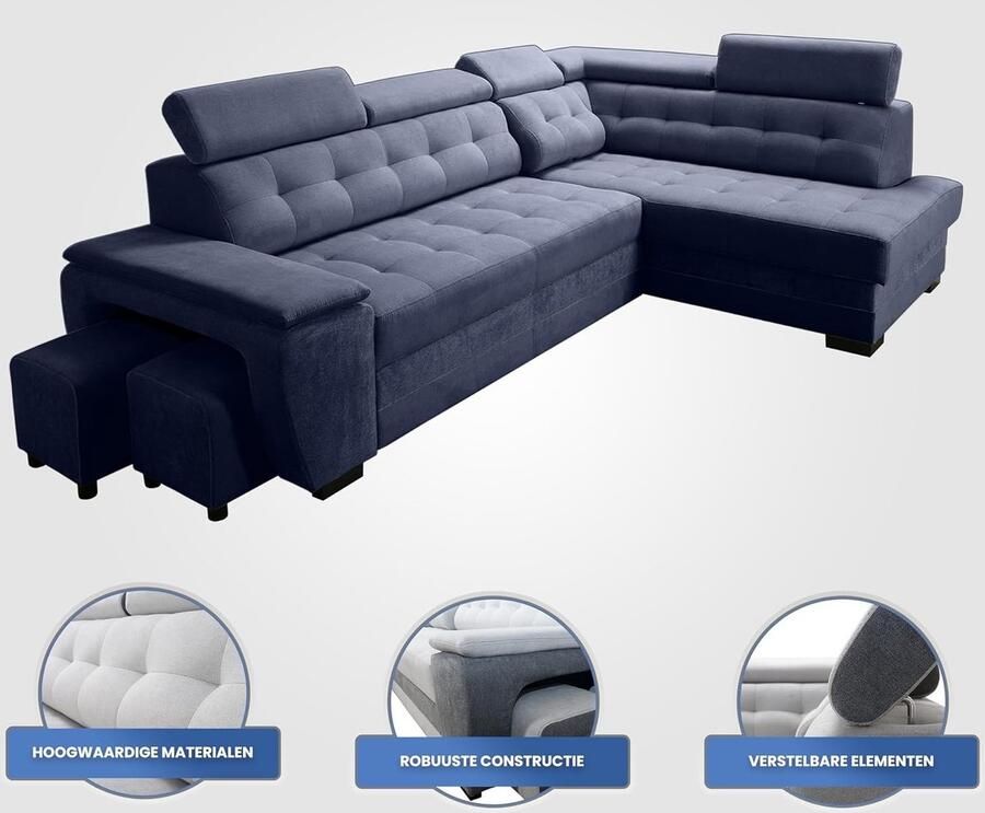Industrialhome Hoekbank met slaapfunctie GrandLuxe Antraciet – L-vormige bank met bedlade verstelbare hoofdborden 2 poefs opbergruimte & RELAX-mechanisme – Moderne gestoffeerde slaapbank