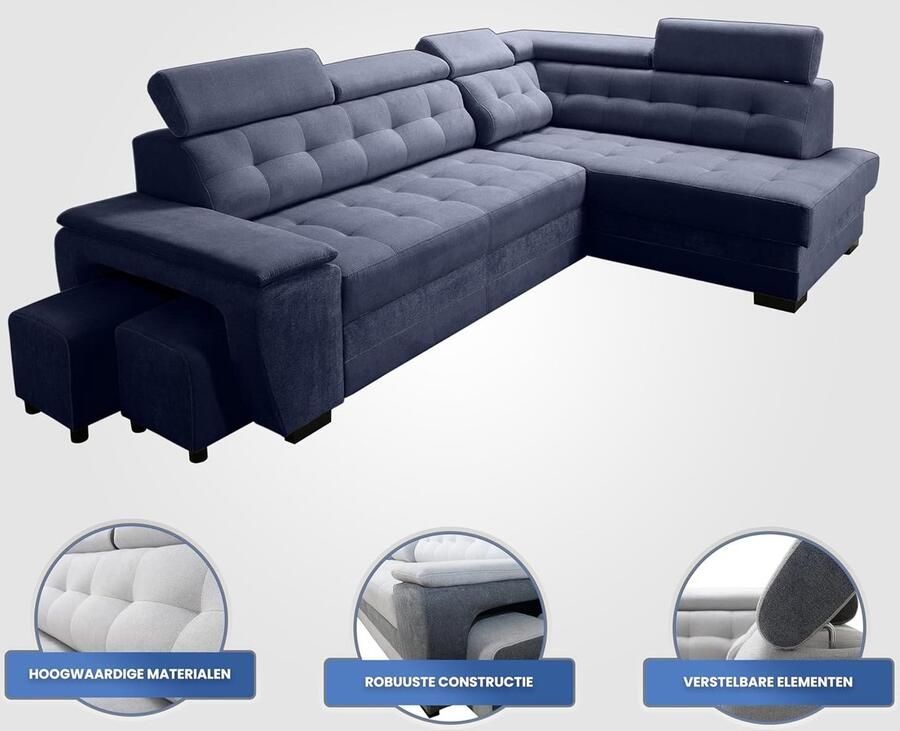 Industrialhome Hoekbank met Slaapfunctie GrandLuxe Antraciet L-Vormige Slaapbank met Bedlade 2 Poefs & Verstelbare Hoofdborden – Luxe Vrijstaande Stoffen Hoekbank met Opbergruimte en Re