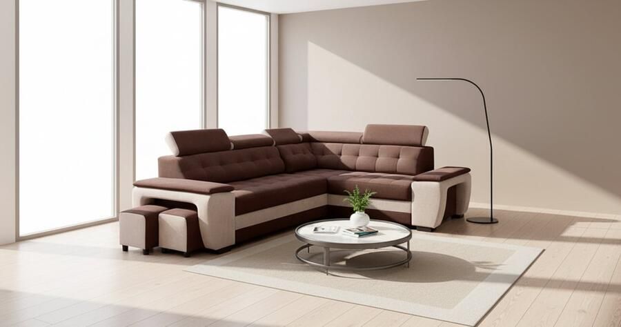 Industrialhome Hoekbank met Slaapfunctie GrandLuxe Room Beige L-Vormige Slaapbank met Bedlade 2 Poefs & Verstelbare Hoofdborden – Luxe Stoffen Vrijstaande Bank met Opbergruimte & Relaxfunctie – Moderne Hoekbank