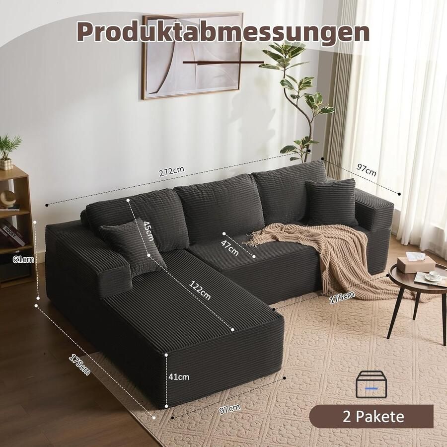 Industrialhome Hoekbank met slaapfunctie Luxe Modulaire L-vormige Slaapbank – Grijze Corduroy Bank met Chaise Longue Links – Extra Diep Zitvlak Montagevrij Comfortabele Slaapbank voor Woonkamer