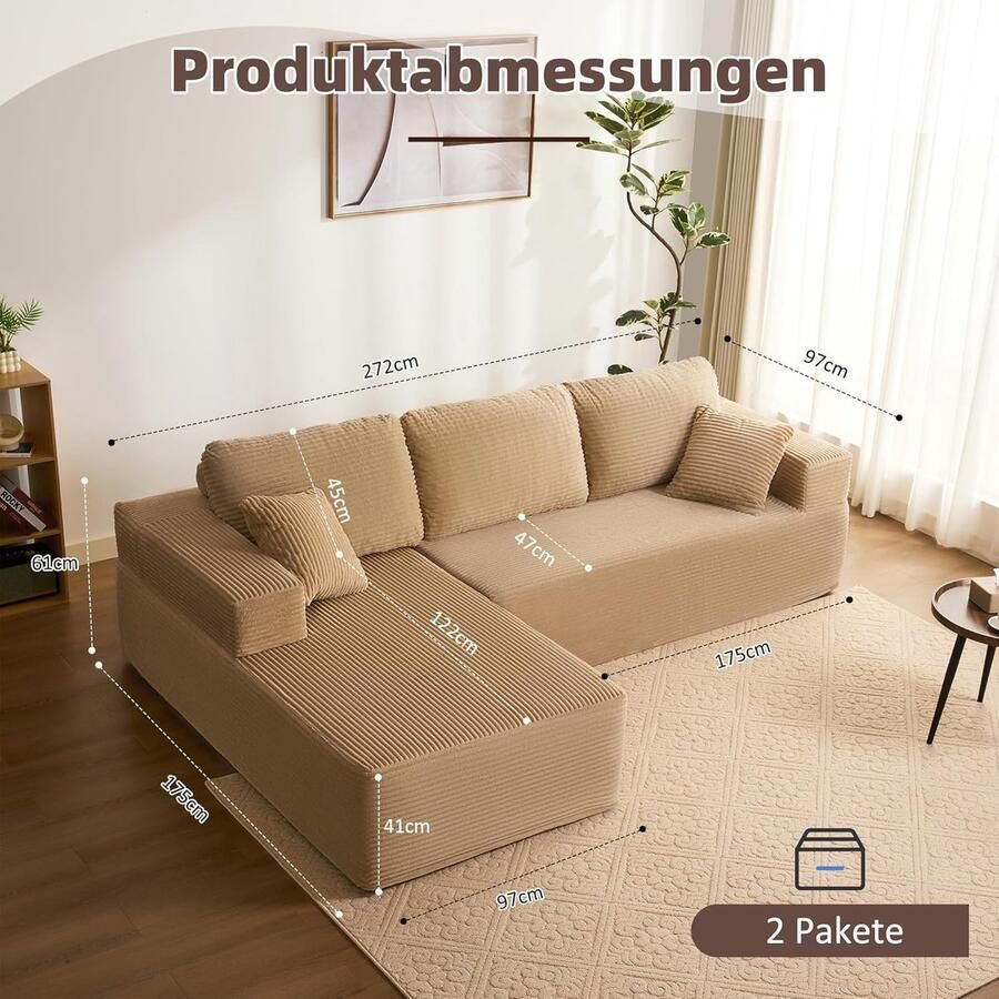 Industrialhome Hoekbank met slaapfunctie Luxe Modulaire L-vormige Slaapbank – Lichtbruine Corduroy Bank met Chaise Longue Links – Extra Diep Zitvlak Montagevrij Comfortabele Uitklapbare Bank voor Woonkamer